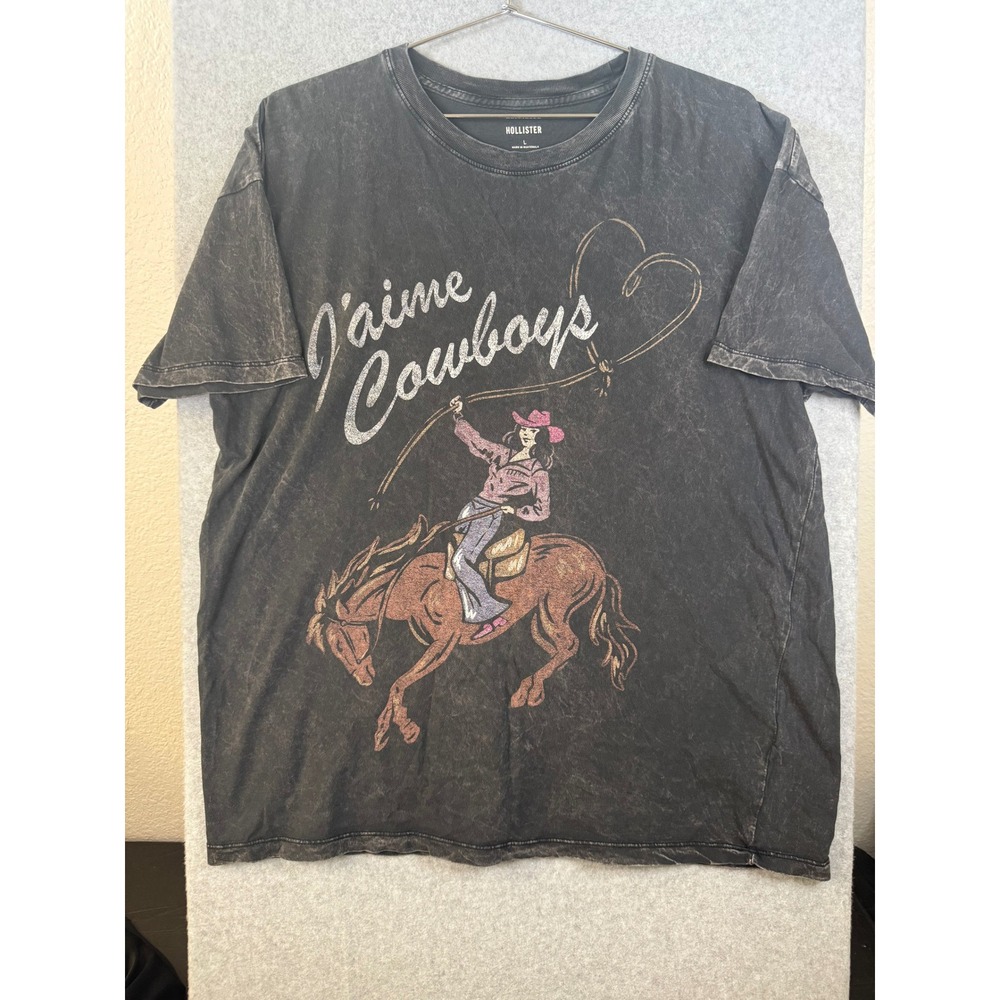 Hollister J'aime Cowboys Graphic T-Shirt Gray Acid Wash Western Cowgirl Large